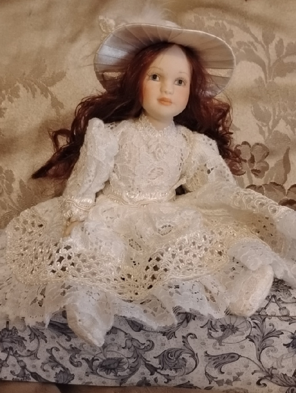 NIB Vintage 9" Victorian Porcelain Doll, Auburn Hair, Lace Dress And Hat